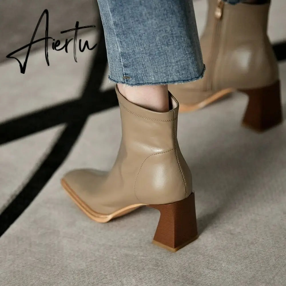 Aiertu Ankle Boots For Women Square Toe Fashion Shoes Warm Winter Short Boots Zipper Square Heels Comfortable Lady Shoes Aiertu