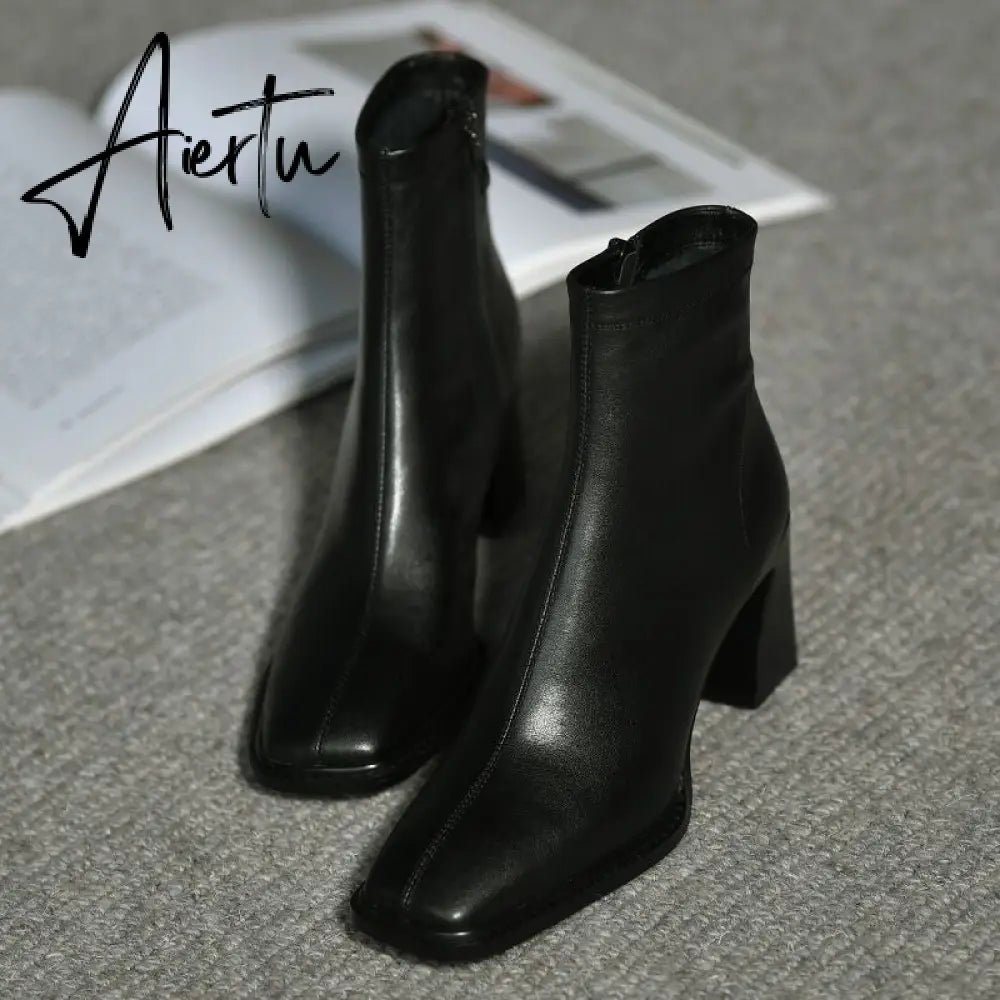 Aiertu Ankle Boots For Women Square Toe Fashion Shoes Warm Winter Short Boots Zipper Square Heels Comfortable Lady Shoes Aiertu