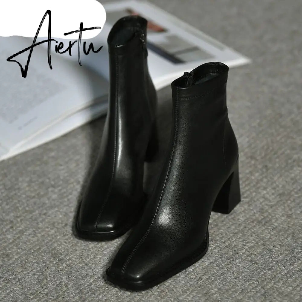 Aiertu Ankle Boots For Women Square Toe Fashion Shoes Warm Winter Short Boots Zipper Square Heels Comfortable Lady Shoes Aiertu