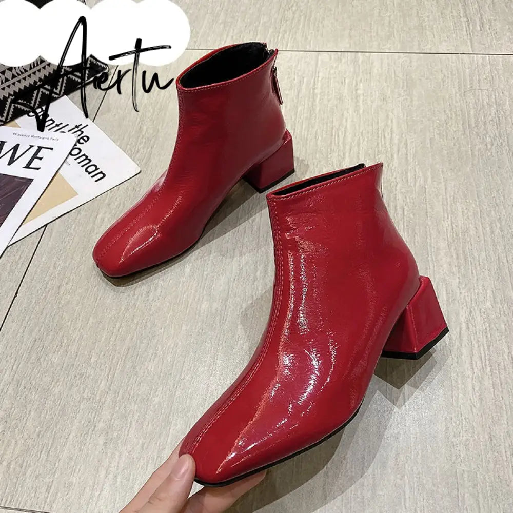 Aiertu Ankle Boots For Women Square Toe Fashion Shoes Warm Winter Short Boots Zipper Square Heels Comfortable Lady Shoes Aiertu