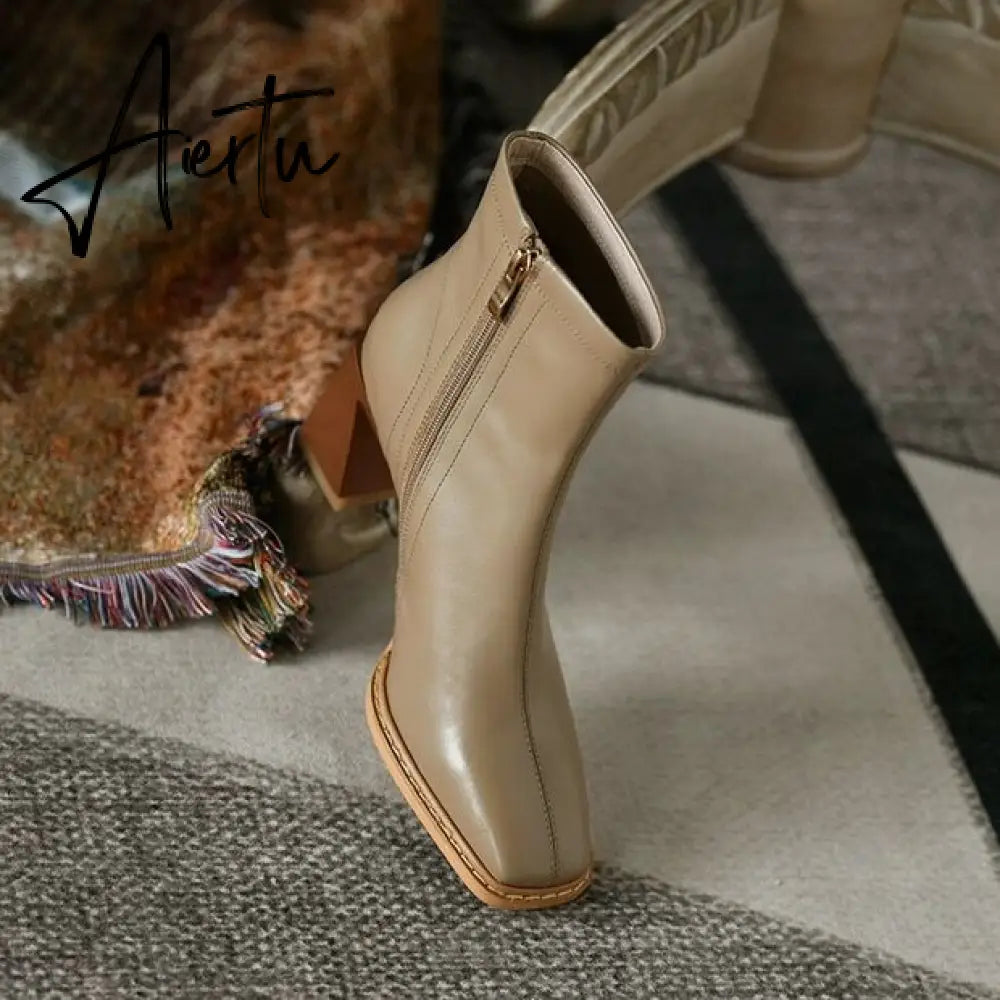 Aiertu Ankle Boots For Women Square Toe Fashion Shoes Warm Winter Short Boots Zipper Square Heels Comfortable Lady Shoes Aiertu