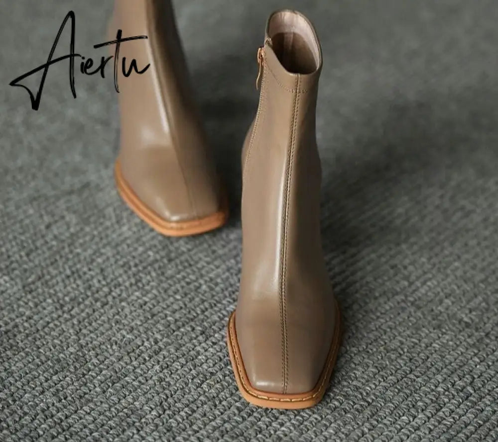 Aiertu Ankle Boots For Women Square Toe Fashion Shoes Warm Winter Short Boots Zipper Square Heels Comfortable Lady Shoes Aiertu