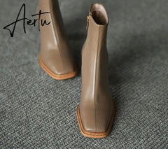 Aiertu Ankle Boots For Women Square Toe Fashion Shoes Warm Winter Short Boots Zipper Square Heels Comfortable Lady Shoes Aiertu