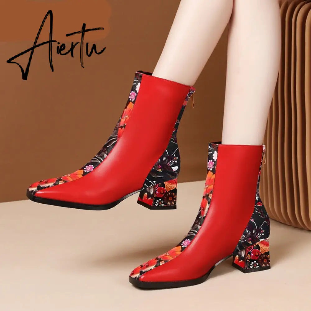 Aiertu Ankle Boots For Women Square Toe Fashion Shoes Warm Winter Short Boots Zipper Square Heels Comfortable Lady Shoes Aiertu