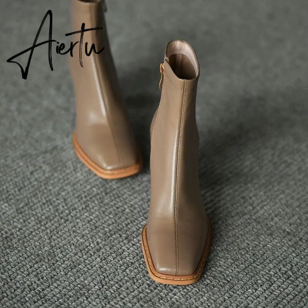 Aiertu Ankle Boots For Women Square Toe Fashion Shoes Warm Winter Short Boots Zipper Square Heels Comfortable Lady Shoes Aiertu