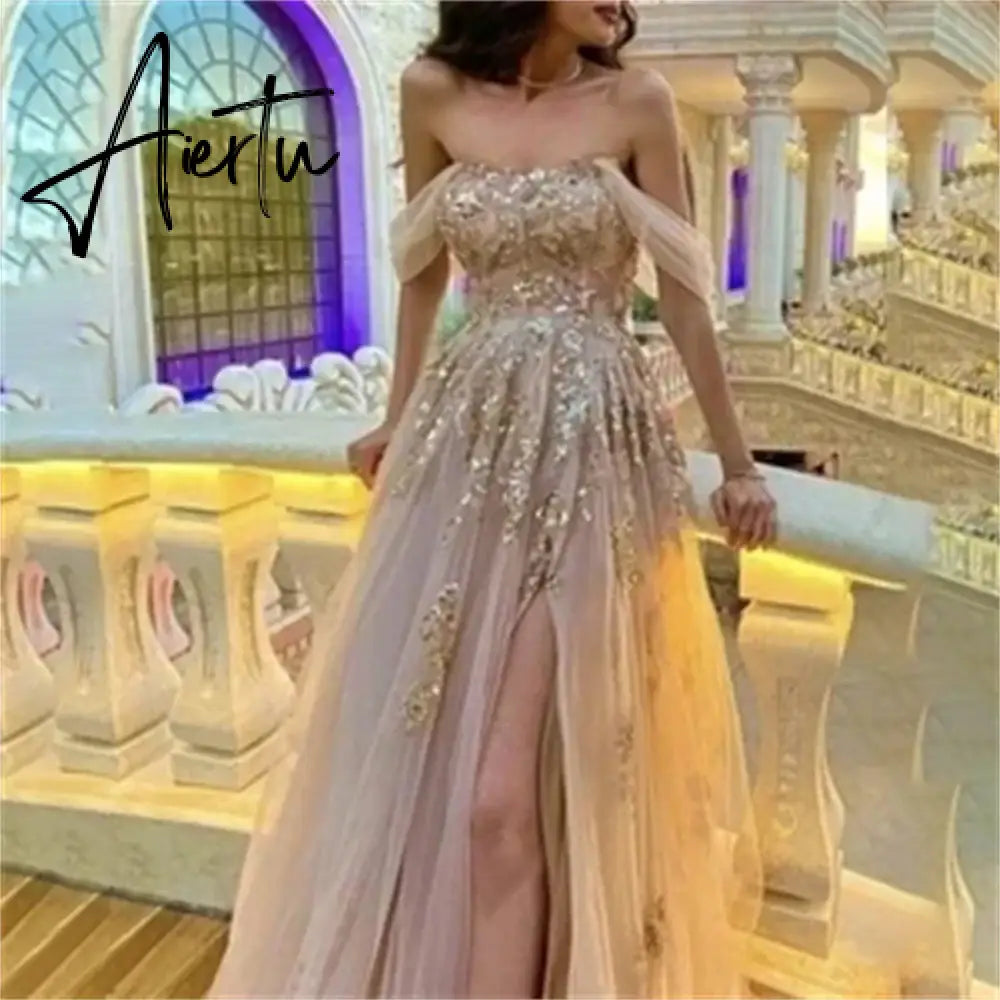 Aiertu  Appliques Net Prom Dress Side Split Celebrity Dresses Off the Shoulder Women's Glitter Evening Dresses Formal Gown Aiertu