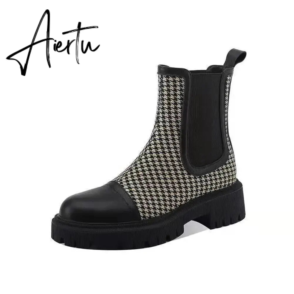 Aiertu  Autumn and winter new elasticated thick-soled women's boots French retro flat color elastic stitching plaid fashion Martin boots Aiertu