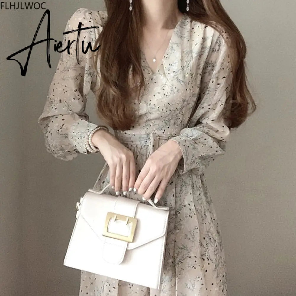 Aiertu Autumn Basic Long Dress Long Sleeve V Neck Floral Printed Retro Vintage A Line Women Dresses Chic Korea Fashion Vestidos Aiertu