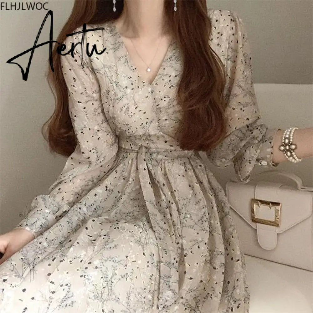 Aiertu Autumn Basic Long Dress Long Sleeve V Neck Floral Printed Retro Vintage A Line Women Dresses Chic Korea Fashion Vestidos Aiertu