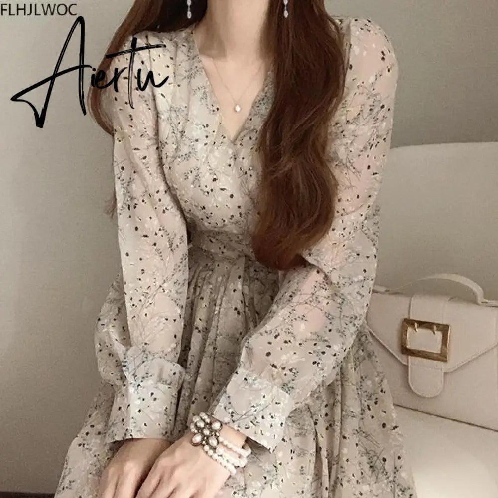 Aiertu Autumn Basic Long Dress Long Sleeve V Neck Floral Printed Retro Vintage A Line Women Dresses Chic Korea Fashion Vestidos Aiertu