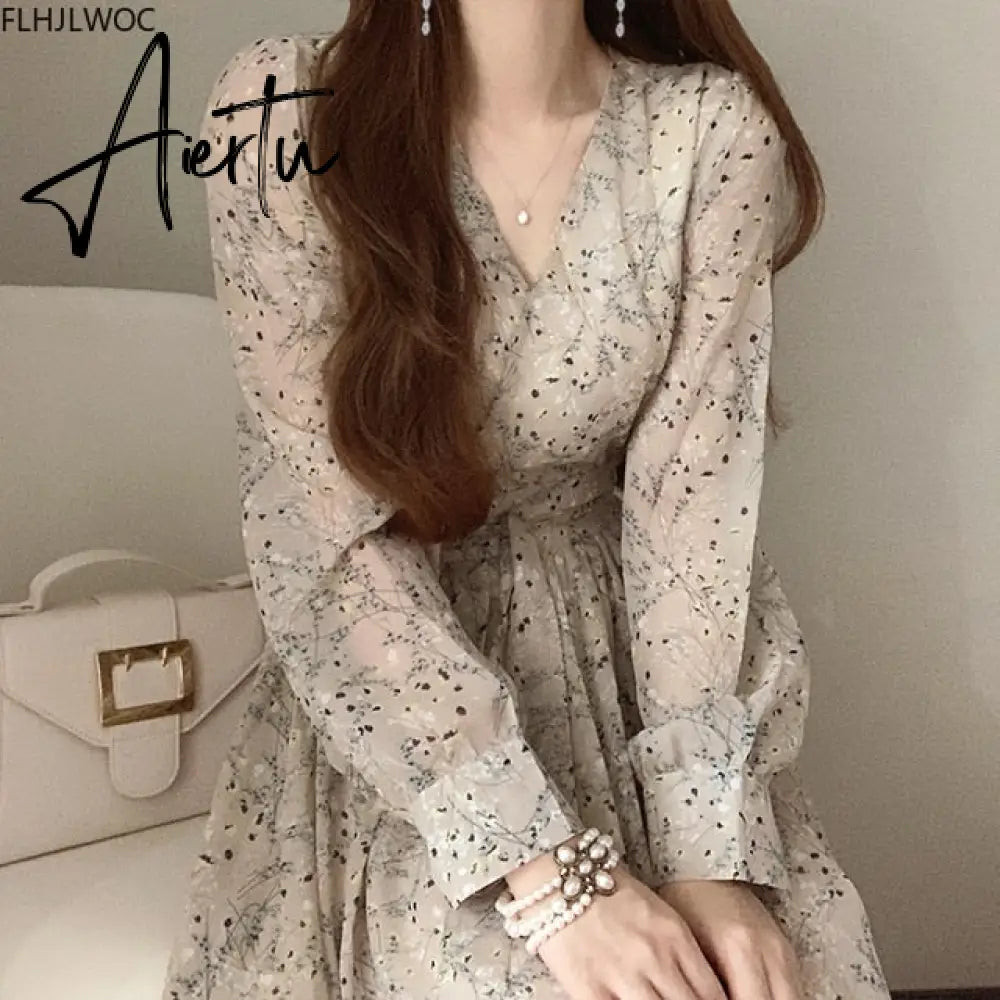 Aiertu Autumn Basic Long Dress Long Sleeve V Neck Floral Printed Retro Vintage A Line Women Dresses Chic Korea Fashion Vestidos Aiertu