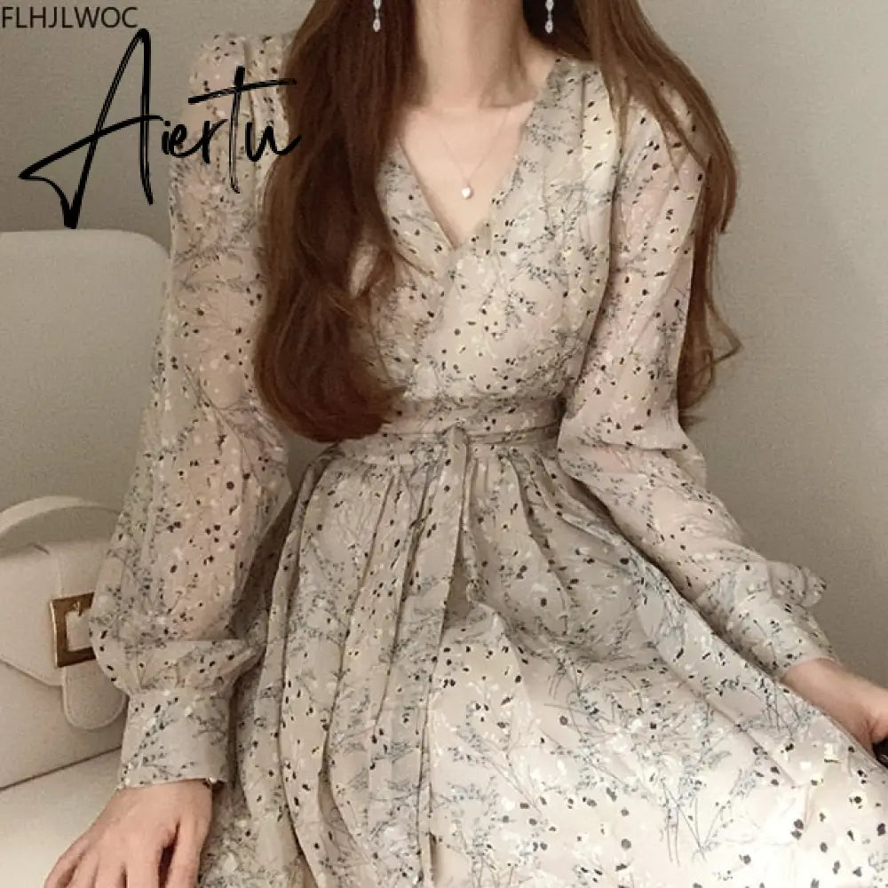 Aiertu Autumn Basic Long Dress Long Sleeve V Neck Floral Printed Retro Vintage A Line Women Dresses Chic Korea Fashion Vestidos Aiertu