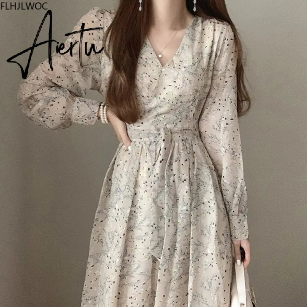 Aiertu Autumn Basic Long Dress Long Sleeve V Neck Floral Printed Retro Vintage A Line Women Dresses Chic Korea Fashion Vestidos Aiertu