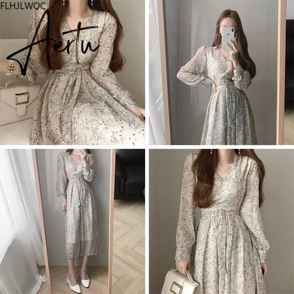 Aiertu Autumn Basic Long Dress Long Sleeve V Neck Floral Printed Retro Vintage A Line Women Dresses Chic Korea Fashion Vestidos Aiertu