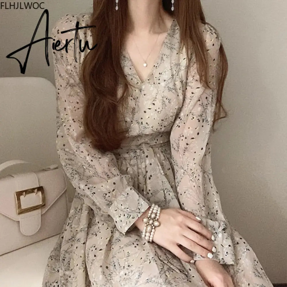Aiertu Autumn Basic Long Dress Long Sleeve V Neck Floral Printed Retro Vintage A Line Women Dresses Chic Korea Fashion Vestidos Aiertu