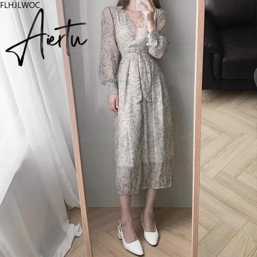 Aiertu Autumn Basic Long Dress Long Sleeve V Neck Floral Printed Retro Vintage A Line Women Dresses Chic Korea Fashion Vestidos Aiertu