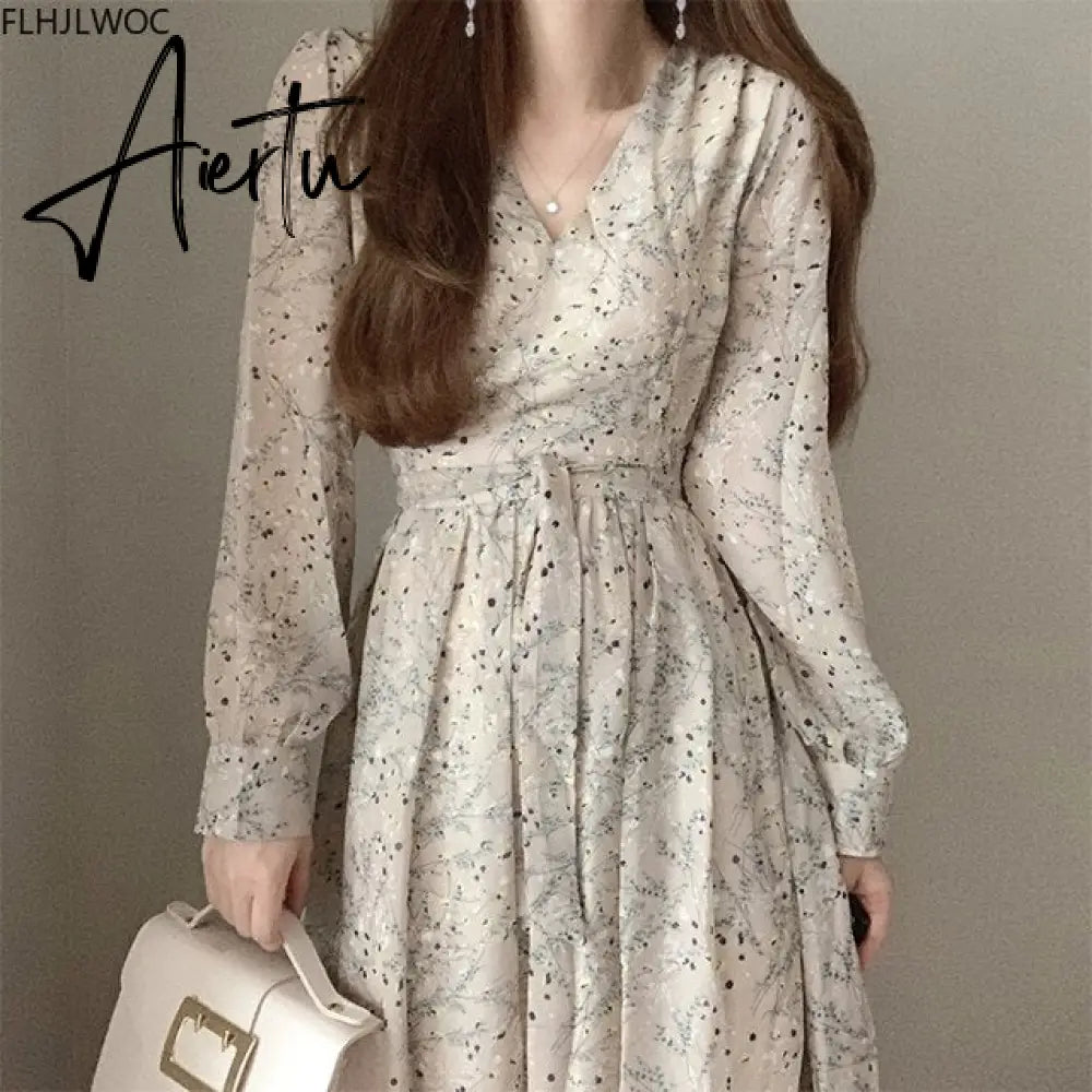 Aiertu Autumn Basic Long Dress Long Sleeve V Neck Floral Printed Retro Vintage A Line Women Dresses Chic Korea Fashion Vestidos Aiertu
