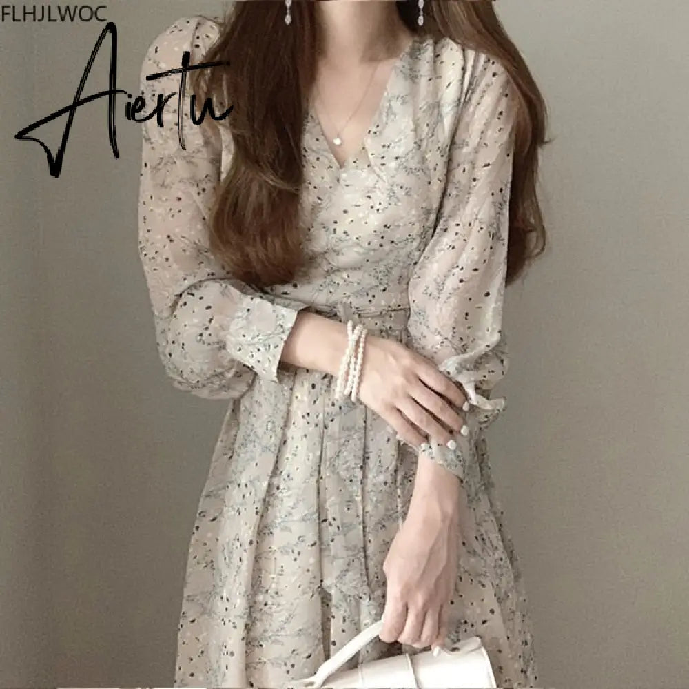 Aiertu Autumn Basic Long Dress Long Sleeve V Neck Floral Printed Retro Vintage A Line Women Dresses Chic Korea Fashion Vestidos Aiertu