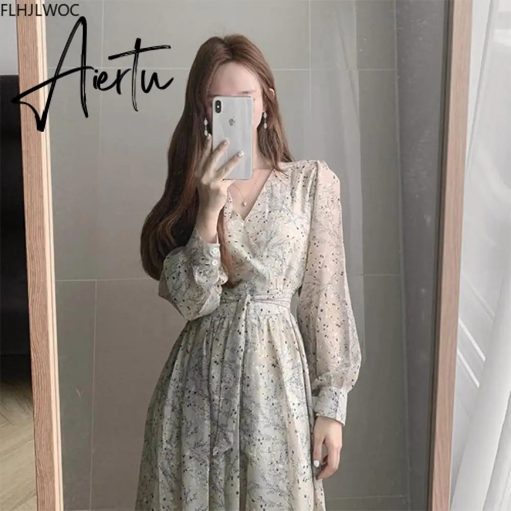 Aiertu Autumn Basic Long Dress Long Sleeve V Neck Floral Printed Retro Vintage A Line Women Dresses Chic Korea Fashion Vestidos Aiertu