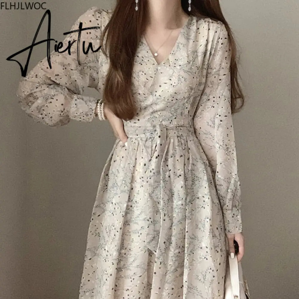 Aiertu Autumn Basic Long Dress Long Sleeve V Neck Floral Printed Retro Vintage A Line Women Dresses Chic Korea Fashion Vestidos Aiertu