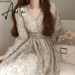 Aiertu Autumn Basic Long Dress Long Sleeve V Neck Floral Printed Retro Vintage A Line Women Dresses Chic Korea Fashion Vestidos Aiertu