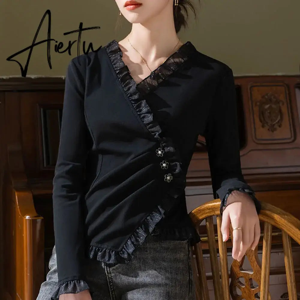 Aiertu Autumn Black Long Sleeve T-shirt For Women's  Solid Color Ruffle Irregular Tops Ladies Elegant Slim Tees Fashion Camisetas Aiertu