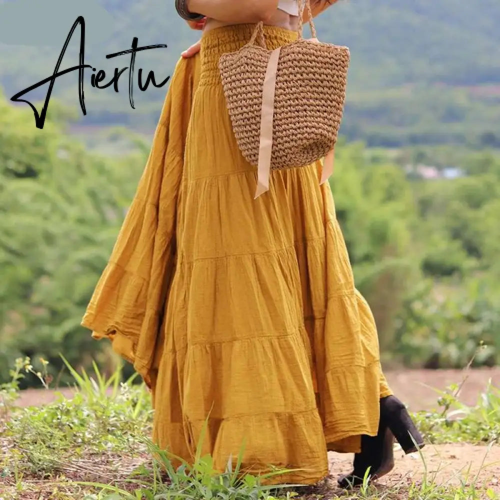 Aiertu Autumn Elastic Waist Solid Holiday Skirt  Oversized Women Maxi Long Skirts Casual Ruffles Party Faldas Saia Loose Jupe Aiertu