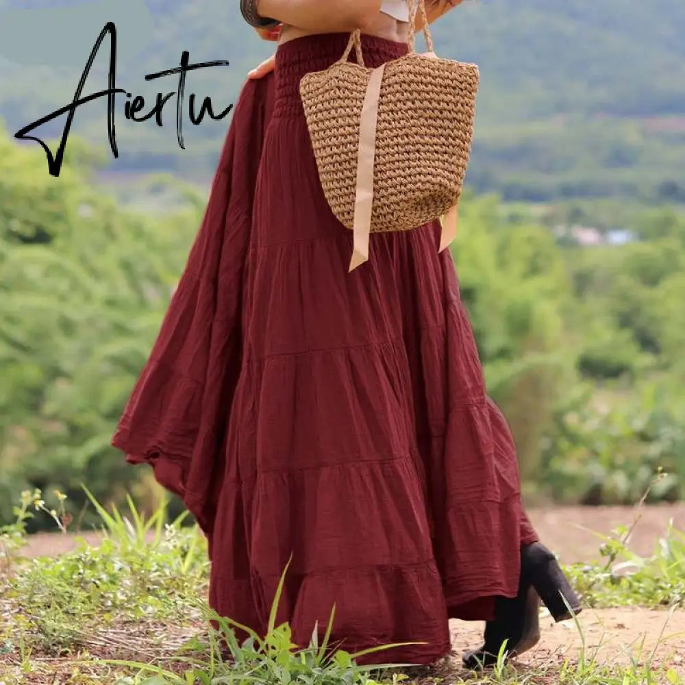 Aiertu Autumn Elastic Waist Solid Holiday Skirt  Oversized Women Maxi Long Skirts Casual Ruffles Party Faldas Saia Loose Jupe Aiertu