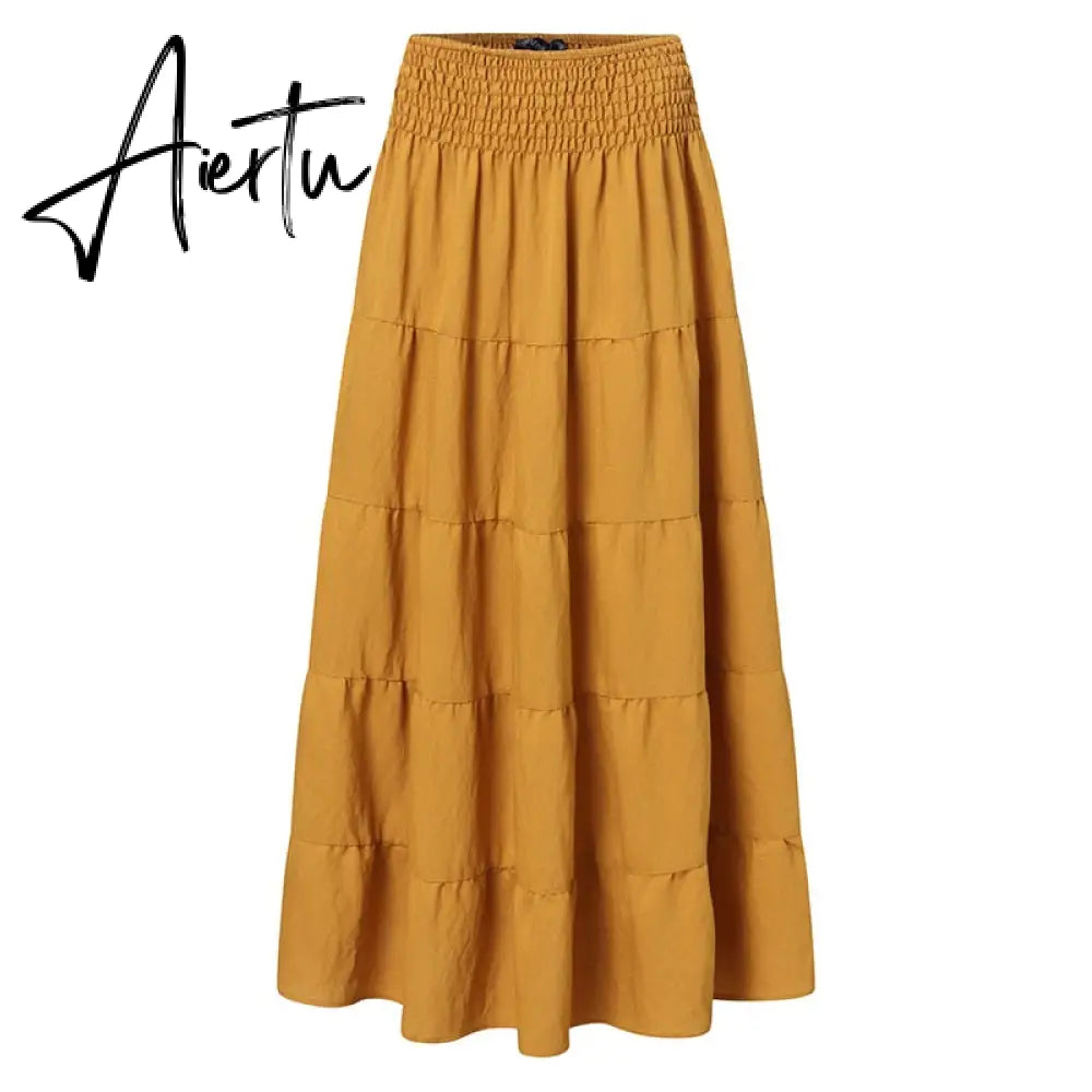 Aiertu Autumn Elastic Waist Solid Holiday Skirt  Oversized Women Maxi Long Skirts Casual Ruffles Party Faldas Saia Loose Jupe Aiertu