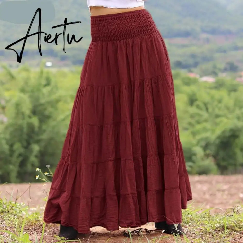 Aiertu Autumn Elastic Waist Solid Holiday Skirt  Oversized Women Maxi Long Skirts Casual Ruffles Party Faldas Saia Loose Jupe Aiertu