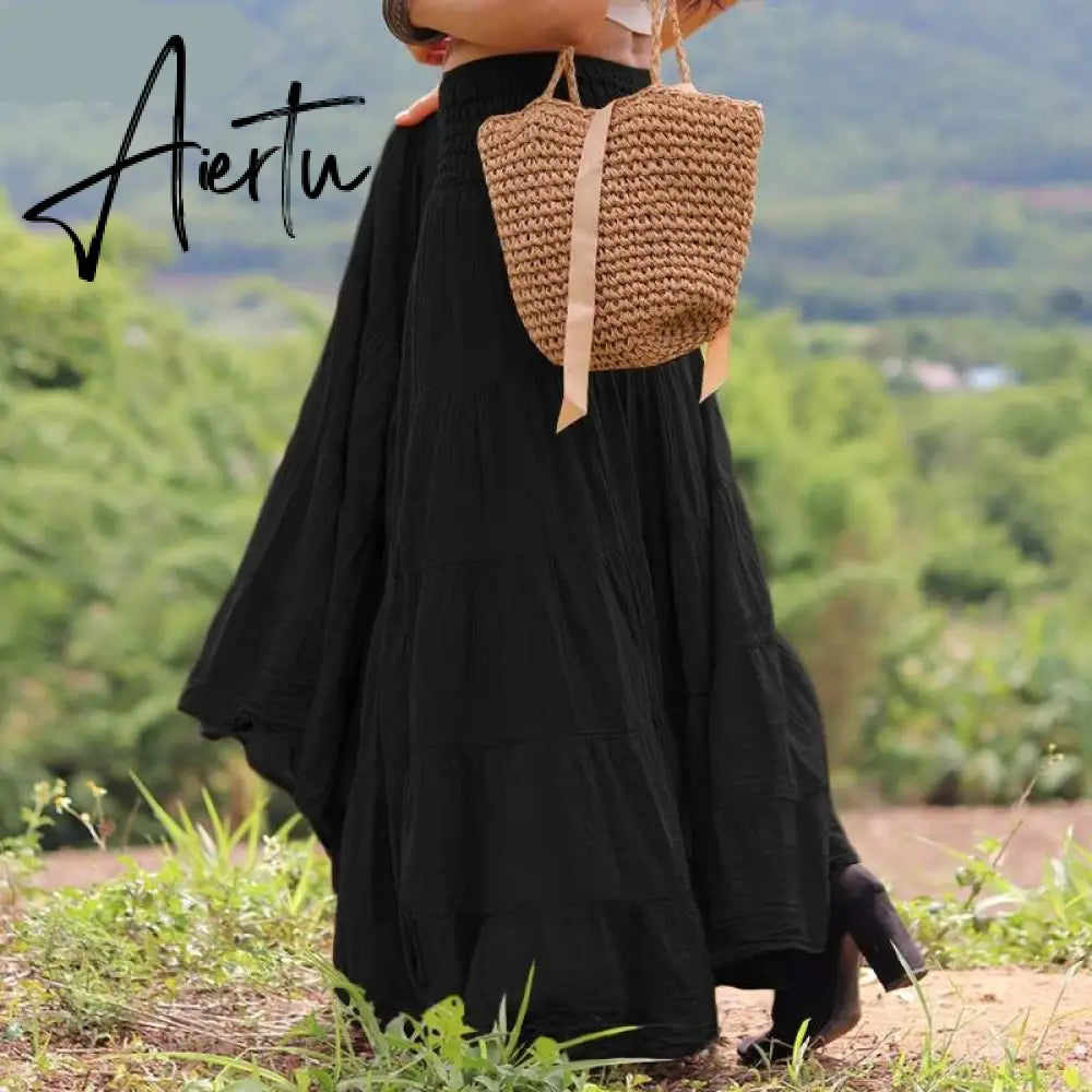 Aiertu Autumn Elastic Waist Solid Holiday Skirt  Oversized Women Maxi Long Skirts Casual Ruffles Party Faldas Saia Loose Jupe Aiertu