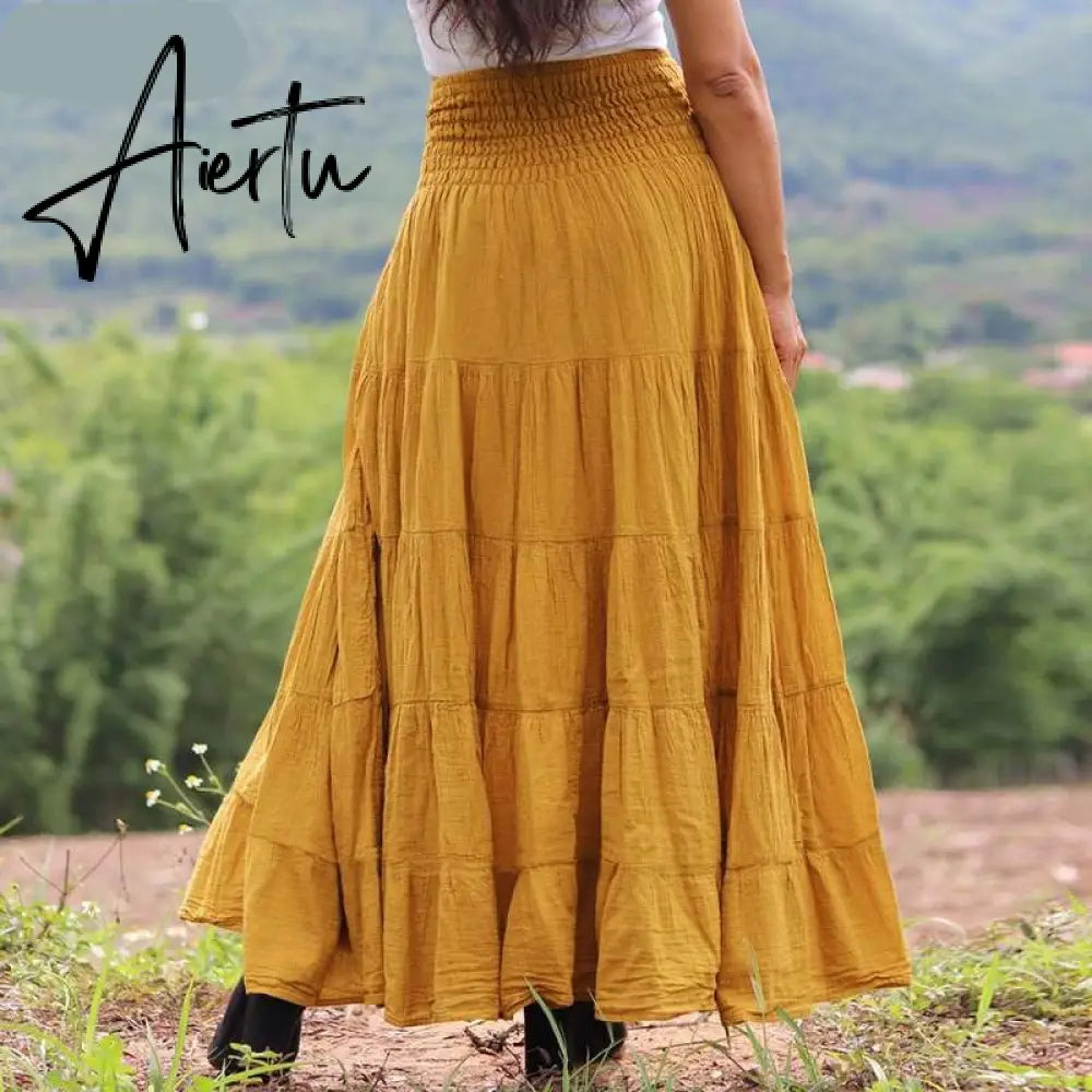 Aiertu Autumn Elastic Waist Solid Holiday Skirt  Oversized Women Maxi Long Skirts Casual Ruffles Party Faldas Saia Loose Jupe Aiertu