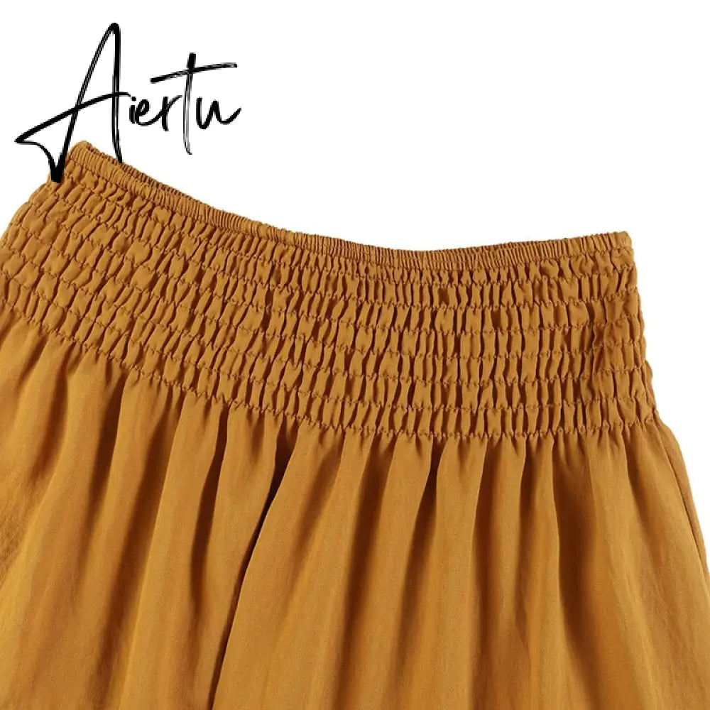 Aiertu Autumn Elastic Waist Solid Holiday Skirt  Oversized Women Maxi Long Skirts Casual Ruffles Party Faldas Saia Loose Jupe Aiertu