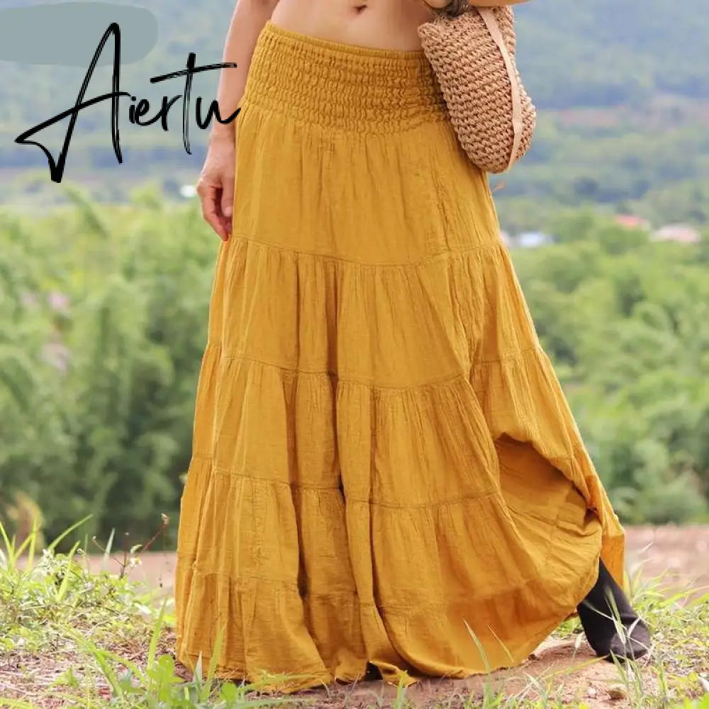 Aiertu Autumn Elastic Waist Solid Holiday Skirt  Oversized Women Maxi Long Skirts Casual Ruffles Party Faldas Saia Loose Jupe Aiertu