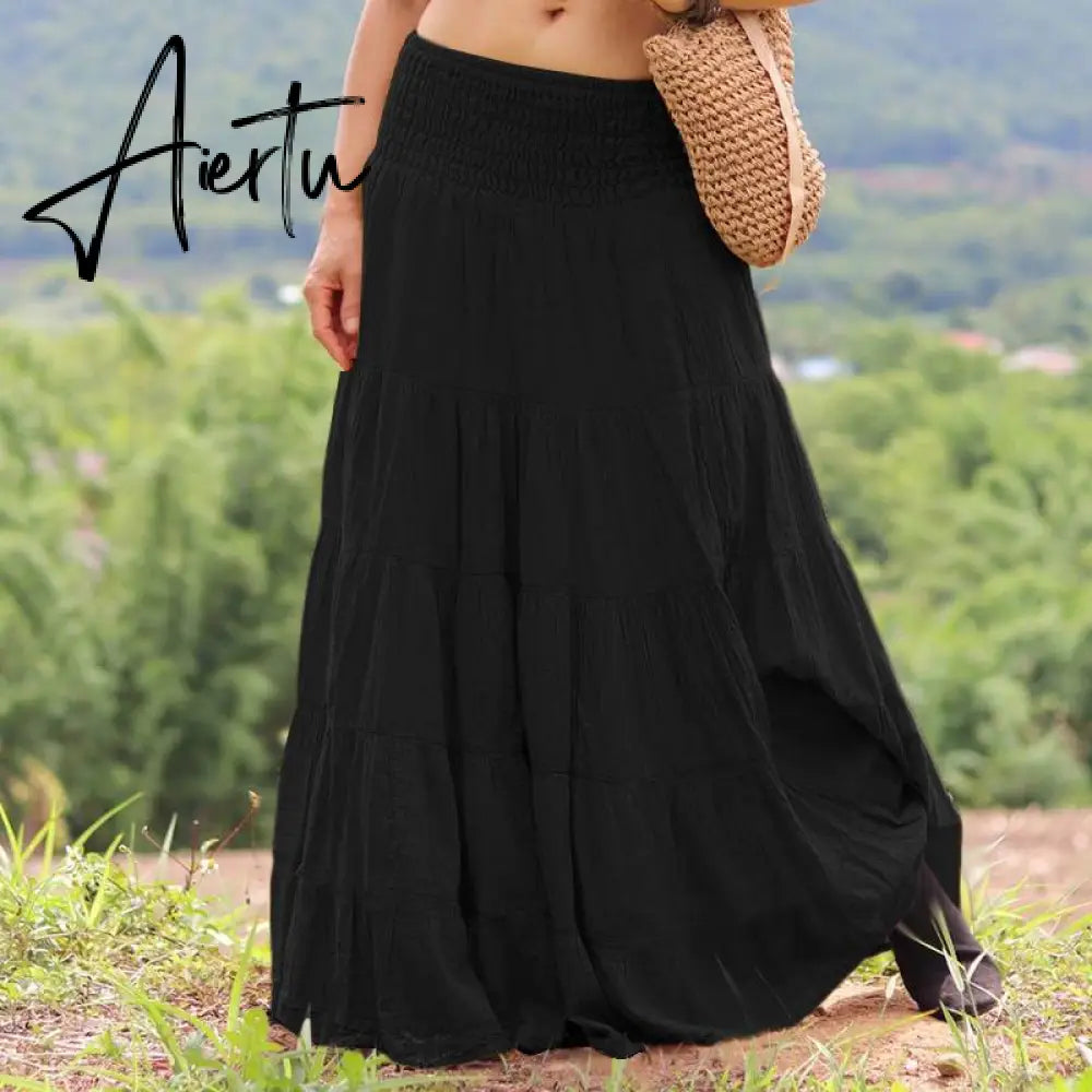 Aiertu Autumn Elastic Waist Solid Holiday Skirt  Oversized Women Maxi Long Skirts Casual Ruffles Party Faldas Saia Loose Jupe Aiertu