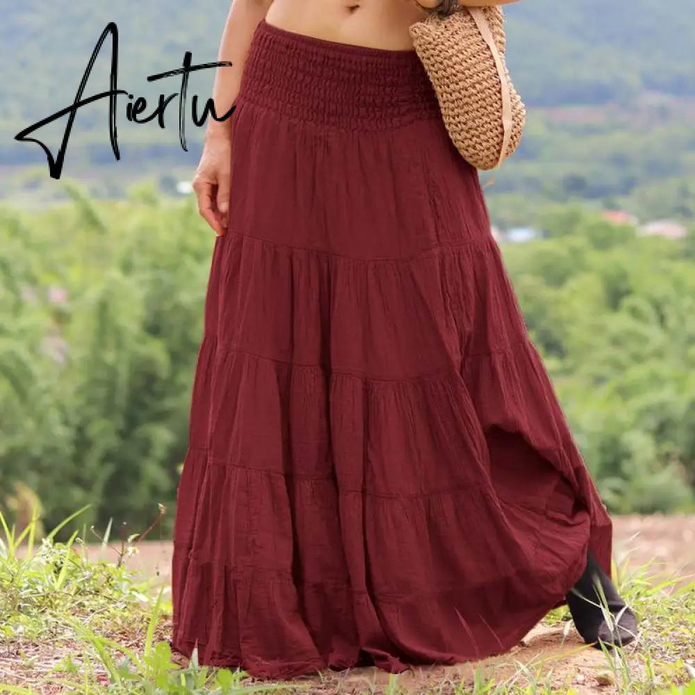 Aiertu Autumn Elastic Waist Solid Holiday Skirt  Oversized Women Maxi Long Skirts Casual Ruffles Party Faldas Saia Loose Jupe Aiertu