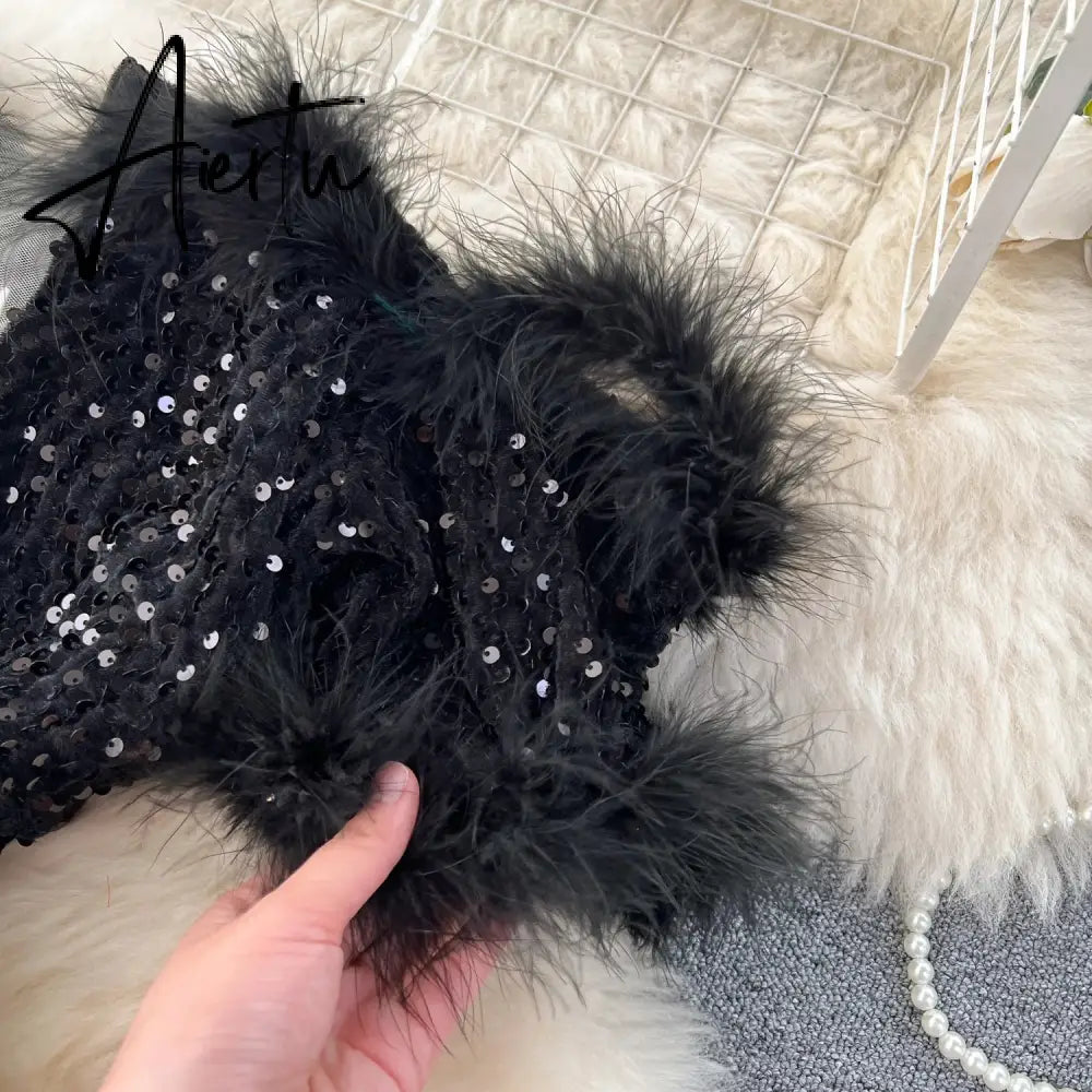 Aiertu  Autumn Elegant Sexy Black Jumpsuits Europen Fashion Off the Shoulder Feather Patchwork Sequins Slim Long Playsuit Aiertu