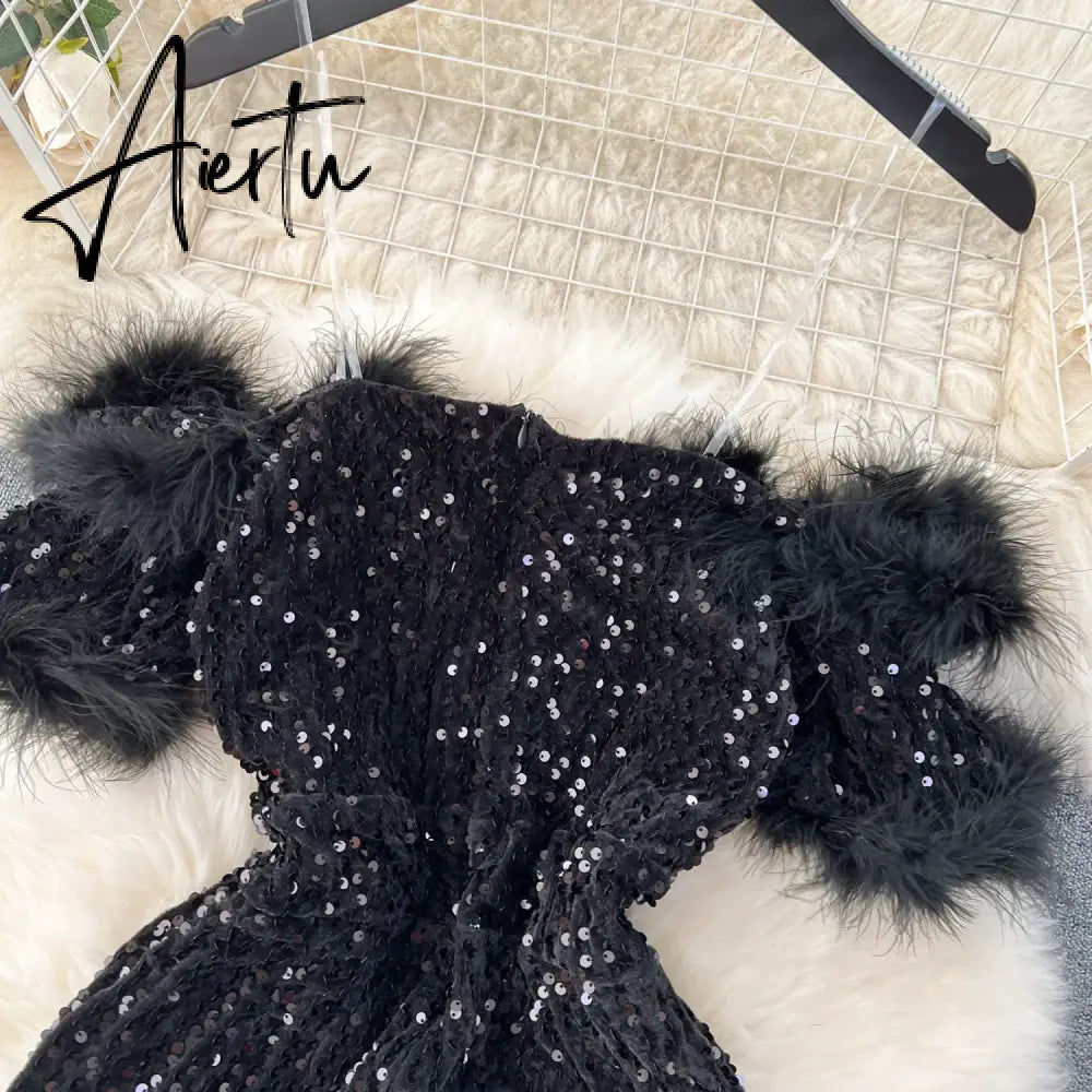 Aiertu  Autumn Elegant Sexy Black Jumpsuits Europen Fashion Off the Shoulder Feather Patchwork Sequins Slim Long Playsuit Aiertu