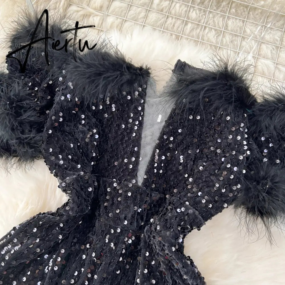 Aiertu  Autumn Elegant Sexy Black Jumpsuits Europen Fashion Off the Shoulder Feather Patchwork Sequins Slim Long Playsuit Aiertu