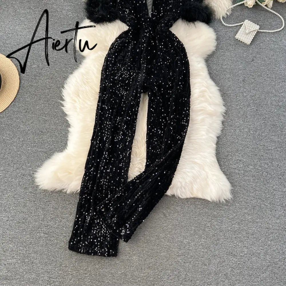 Aiertu  Autumn Elegant Sexy Black Jumpsuits Europen Fashion Off the Shoulder Feather Patchwork Sequins Slim Long Playsuit Aiertu
