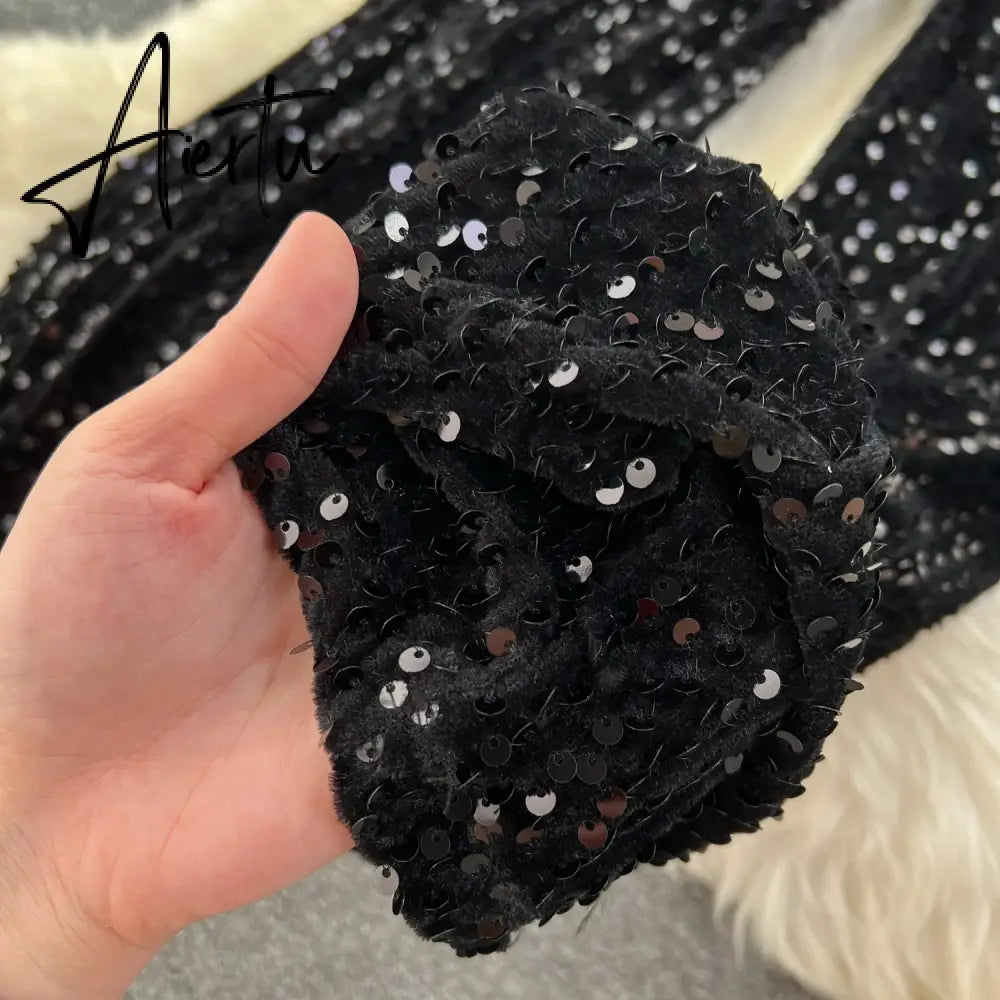 Aiertu  Autumn Elegant Sexy Black Jumpsuits Europen Fashion Off the Shoulder Feather Patchwork Sequins Slim Long Playsuit Aiertu