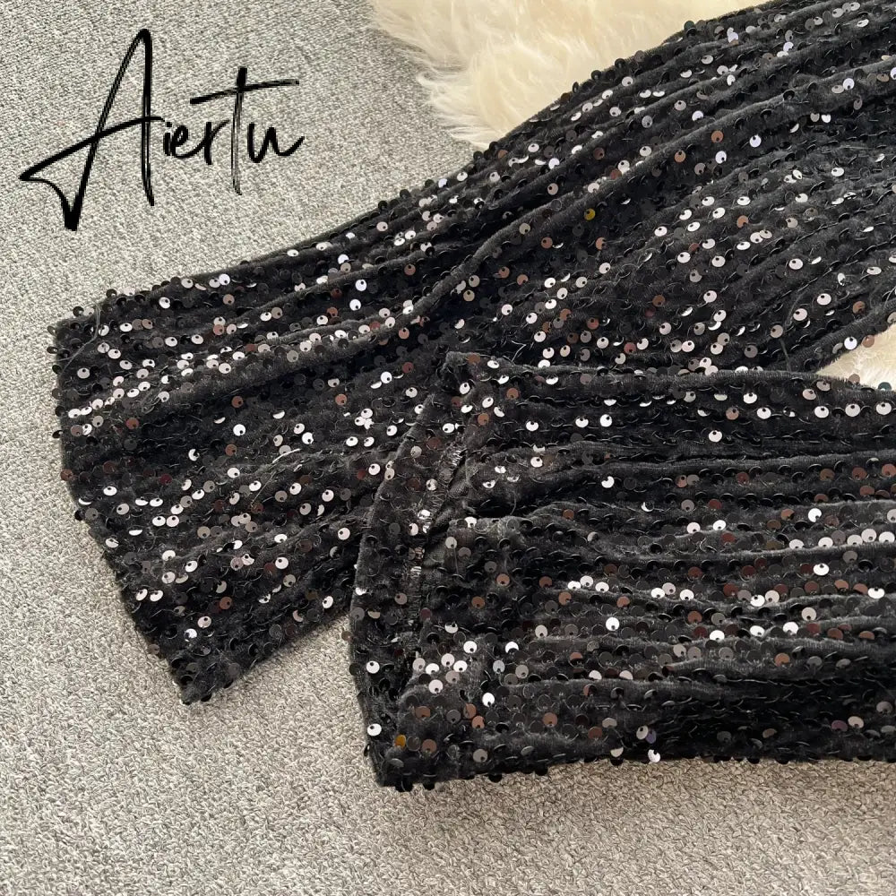 Aiertu  Autumn Elegant Sexy Black Jumpsuits Europen Fashion Off the Shoulder Feather Patchwork Sequins Slim Long Playsuit Aiertu