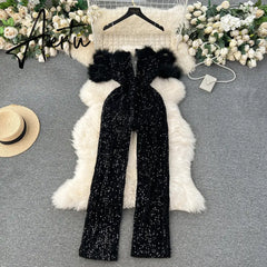 Aiertu  Autumn Elegant Sexy Black Jumpsuits Europen Fashion Off the Shoulder Feather Patchwork Sequins Slim Long Playsuit Aiertu