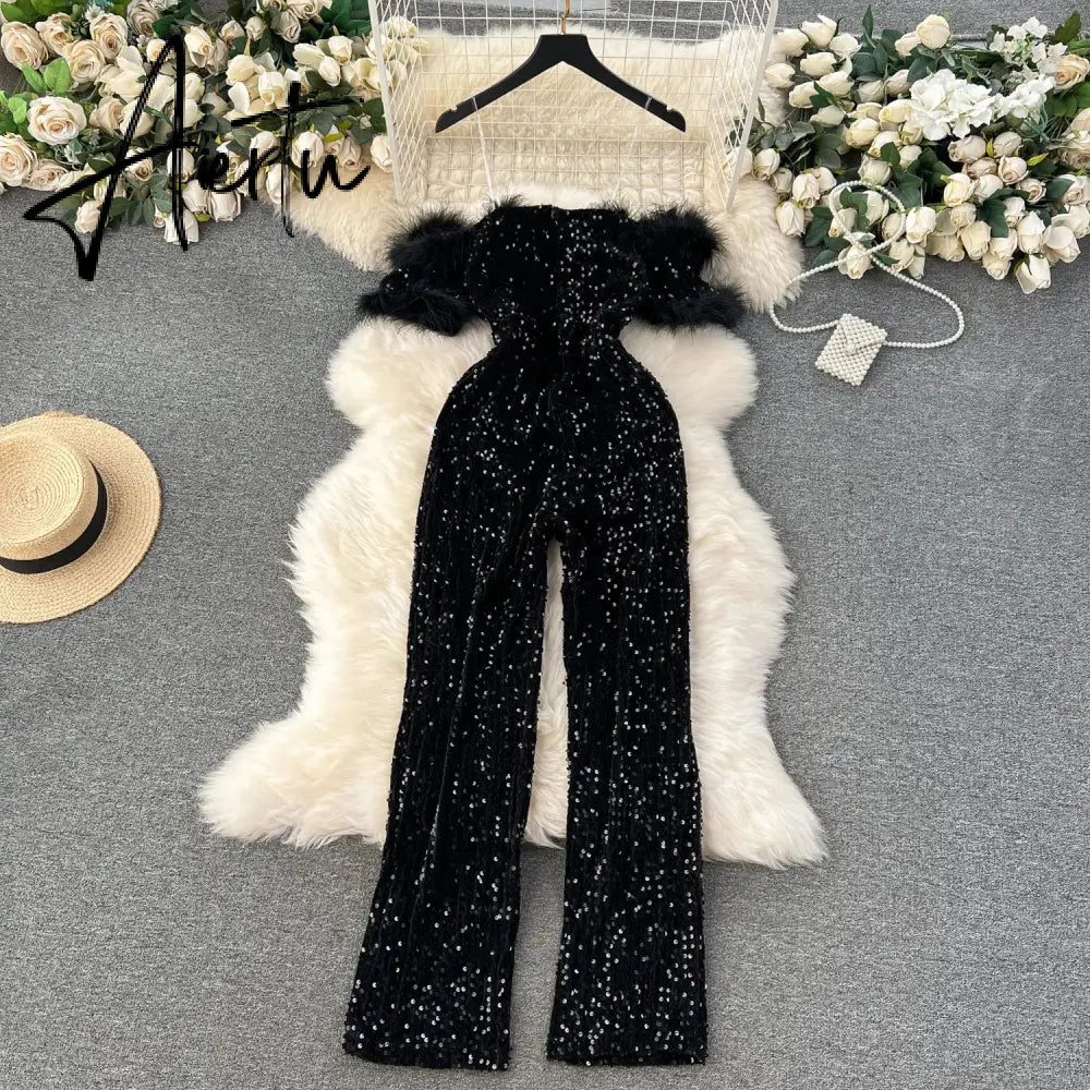 Aiertu  Autumn Elegant Sexy Black Jumpsuits Europen Fashion Off the Shoulder Feather Patchwork Sequins Slim Long Playsuit Aiertu