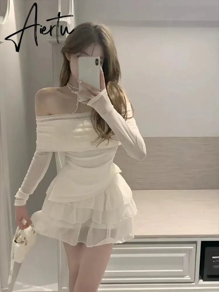 Aiertu Autumn Elegant Two Pieces Skirt Set Women Casual Sweet Blouse + Y2k Slim Cake Skirts Office Lady Korean Fashion Suits New Aiertu