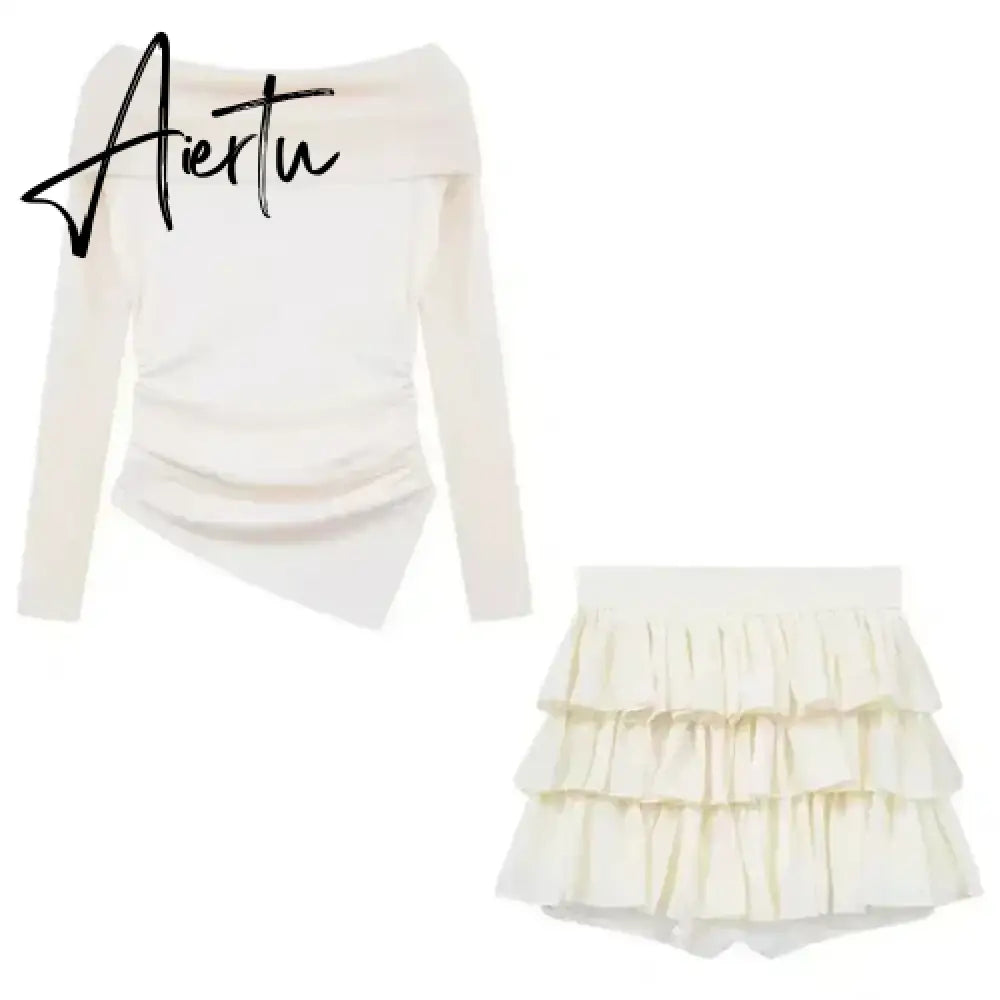 Aiertu Autumn Elegant Two Pieces Skirt Set Women Casual Sweet Blouse + Y2k Slim Cake Skirts Office Lady Korean Fashion Suits New Aiertu