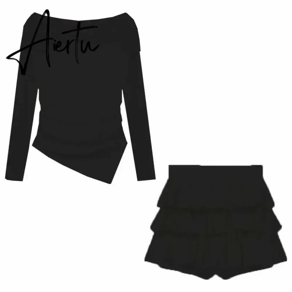 Aiertu Autumn Elegant Two Pieces Skirt Set Women Casual Sweet Blouse + Y2k Slim Cake Skirts Office Lady Korean Fashion Suits New Aiertu