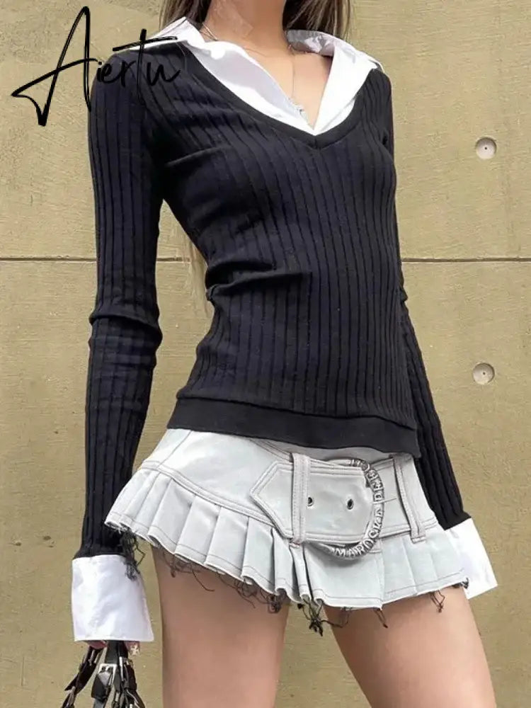 Aiertu Autumn Fake Two Pieces Slim Fit Streetwear Tops Grunge Patchwork Contrast Color Tshirts All Match Y2k Aesthetic Women T-shirt Aiertu