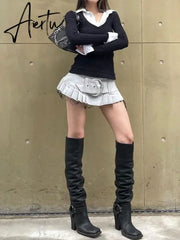 Aiertu Autumn Fake Two Pieces Slim Fit Streetwear Tops Grunge Patchwork Contrast Color Tshirts All Match Y2k Aesthetic Women T-shirt Aiertu
