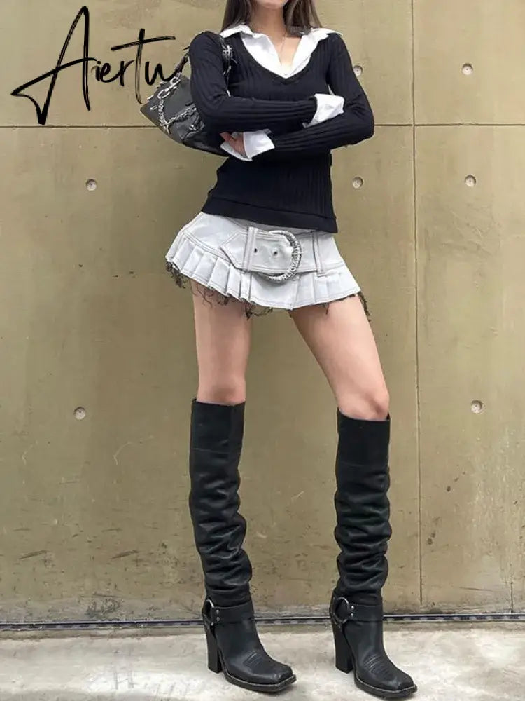 Aiertu Autumn Fake Two Pieces Slim Fit Streetwear Tops Grunge Patchwork Contrast Color Tshirts All Match Y2k Aesthetic Women T-shirt Aiertu